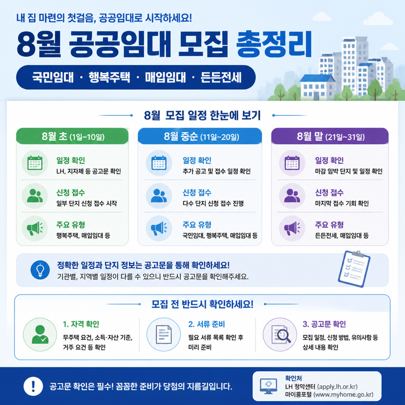 8월 공공임대 모집 핵심 일정 총정리