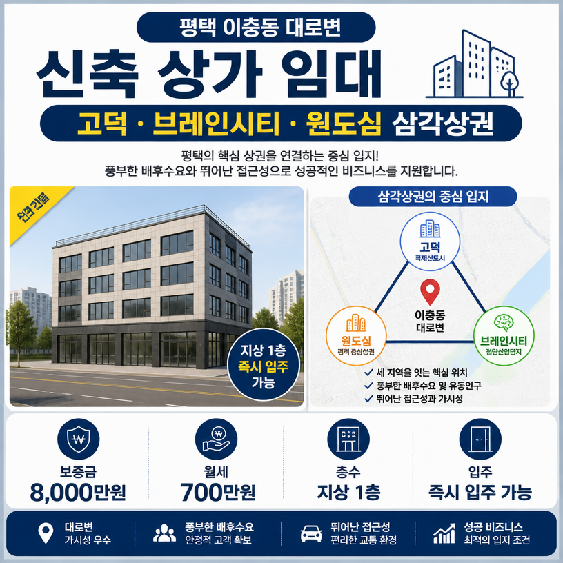 평택 이충동 대로변 신축 상가 임대 핵심 요약
