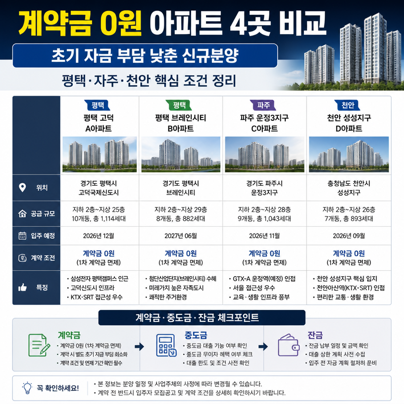계약금 0원 아파트 4곳 핵심비교