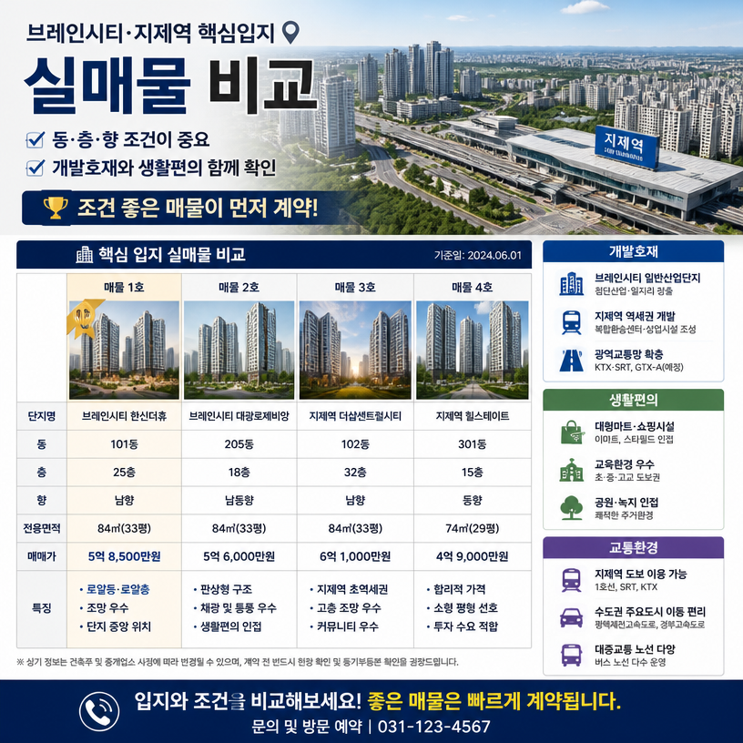 브레인시티 핵심입지 실매물 조건 비교